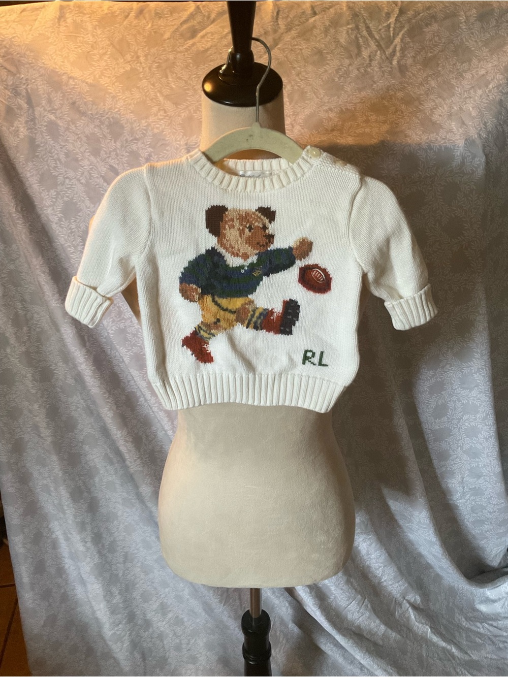 Ralph Lauren White Knit Bear Football Sweater